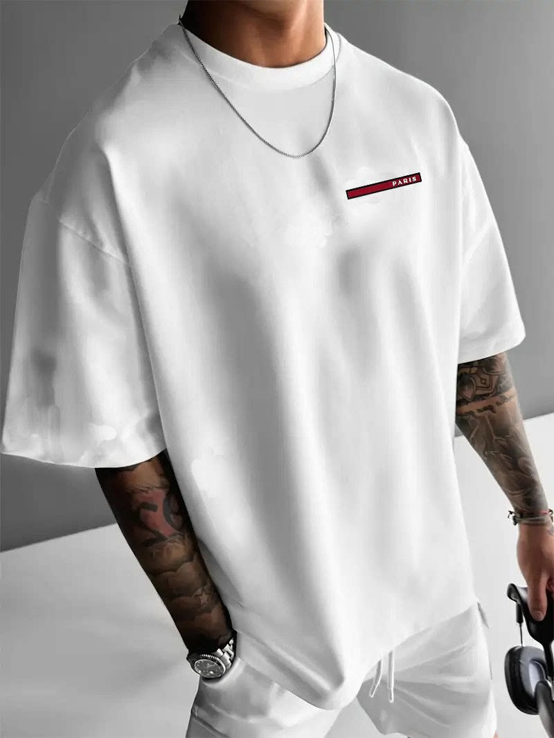 Mens Round Neck Letter Print Cotton T-shirt