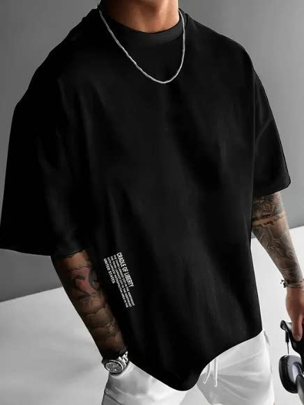 Mens Round Neck Letter Print Cotton T-shirt