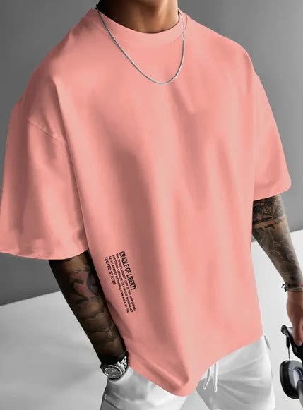 Mens Round Neck Letter Print Cotton T-shirt