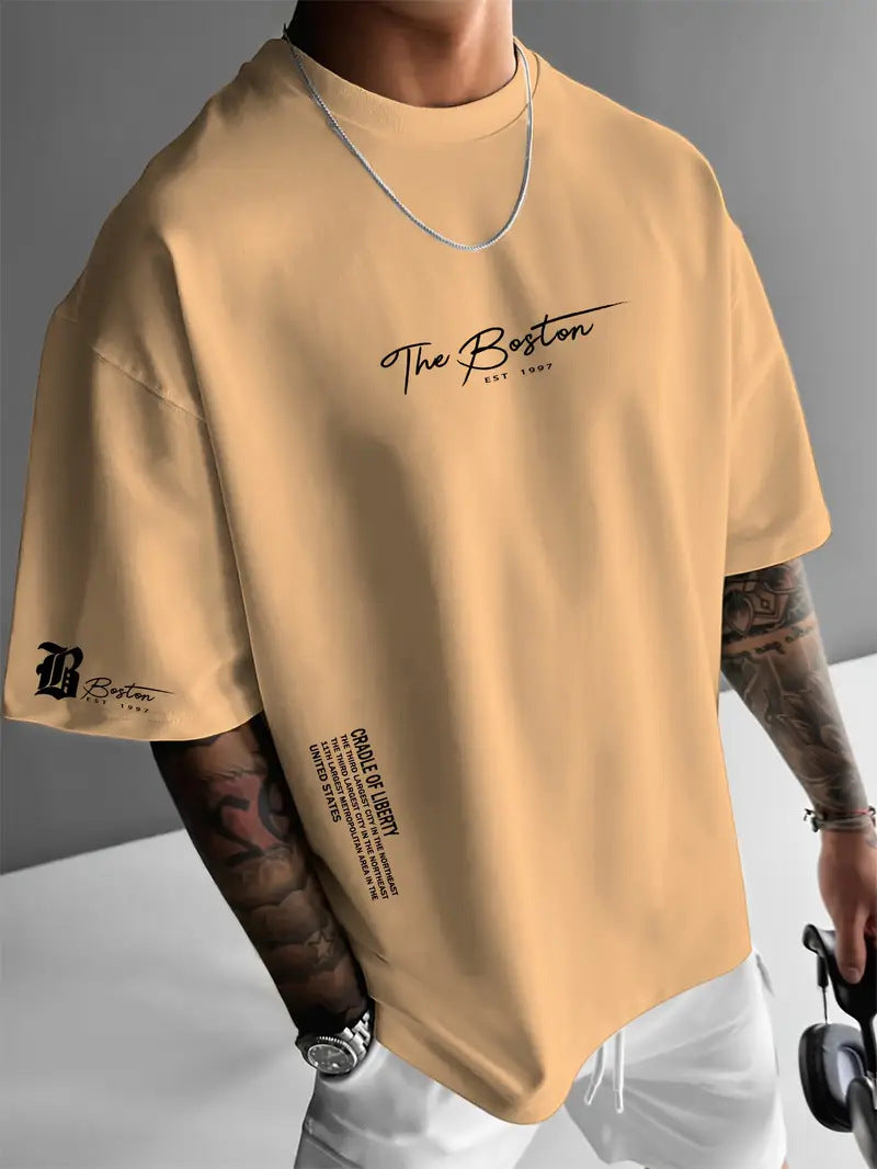 Mens Round Neck Letter Print T-shirt