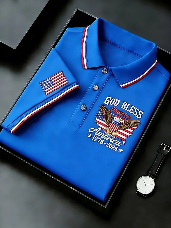 Mens Short Sleeve Flag Print Polo Shirt