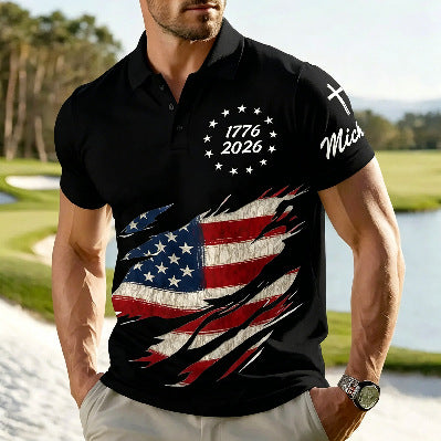 Mens Short Sleeve Flag Print Polo Shirt