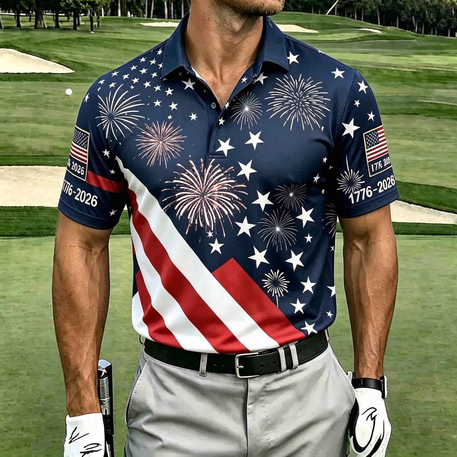 Mens Short Sleeve Flag Print Polo Shirt