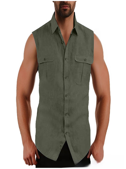 Mens Sleeveless Cotton Vest with Pockets