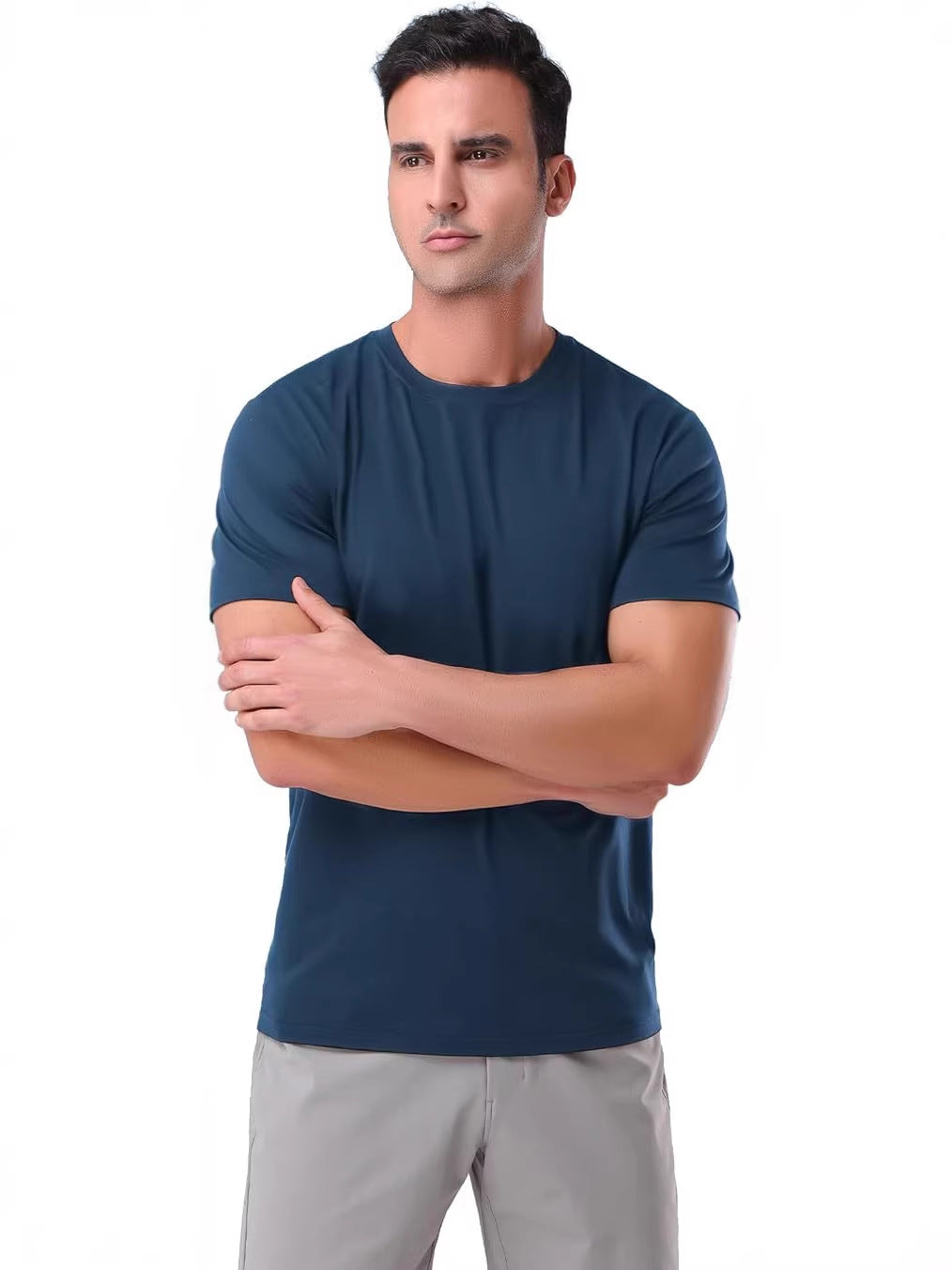 Mens Slim Fit Solid Color Round Neck Short Sleeve T Shirt
