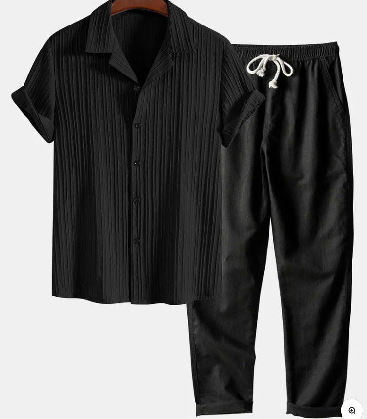 Mens Solid Color Short Sleeve Shirt and Pants Set