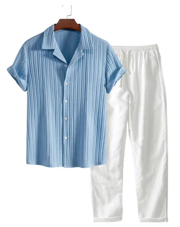 Mens Solid Color Short Sleeve Shirt and Pants Set