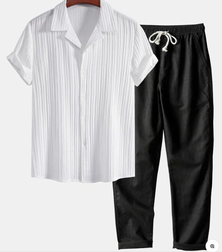 Mens Solid Color Short Sleeve Shirt and Pants Set