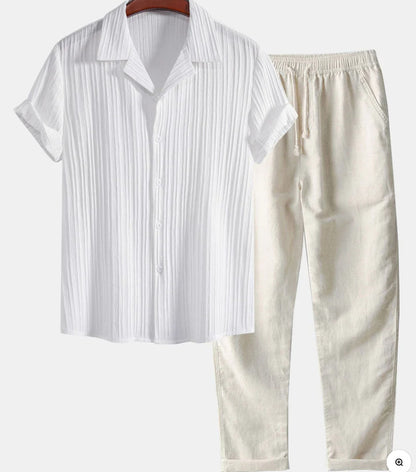 Mens Solid Color Short Sleeve Shirt and Pants Set