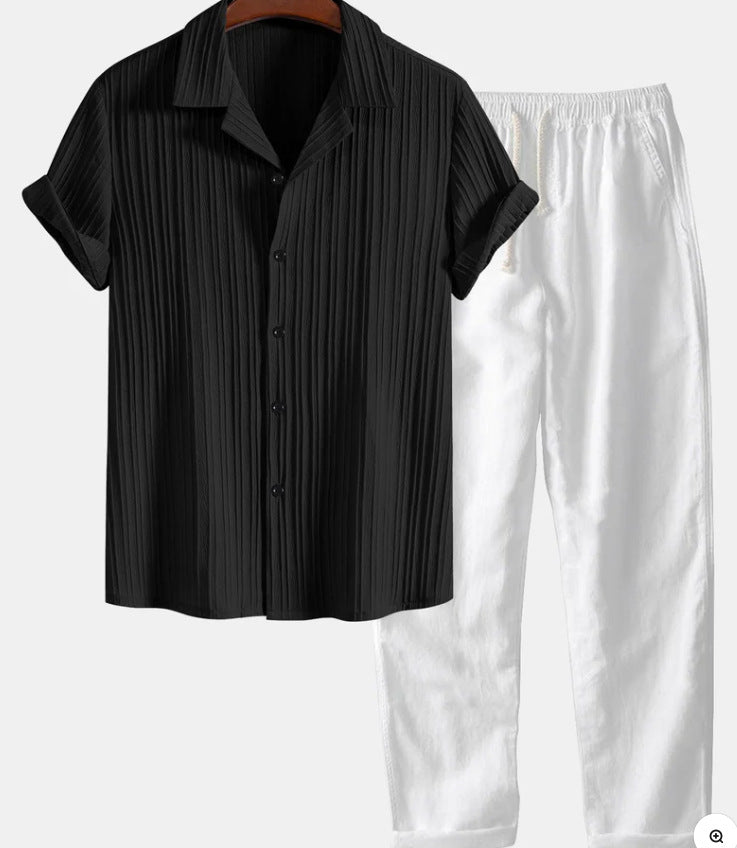 Mens Solid Color Short Sleeve Shirt and Pants Set