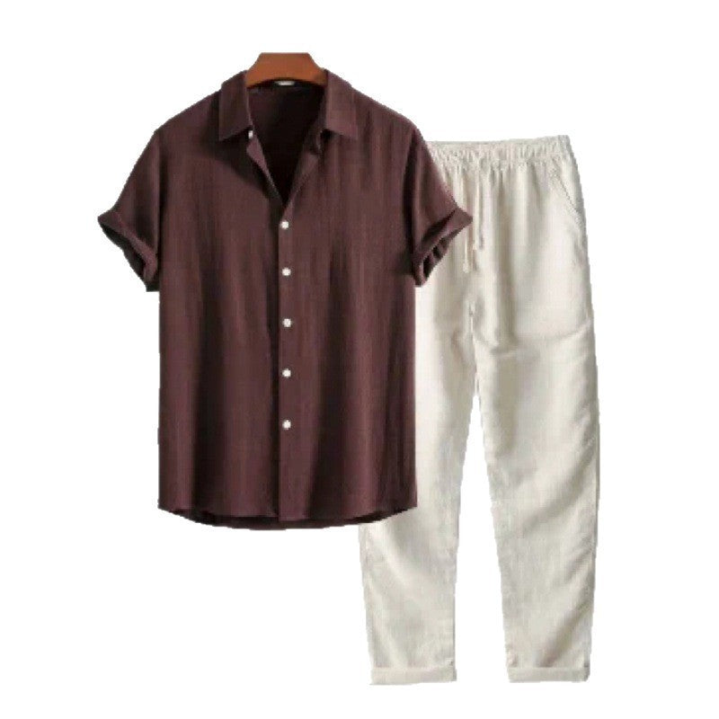 Mens Solid Color Short Sleeve Shirt and Pants Set