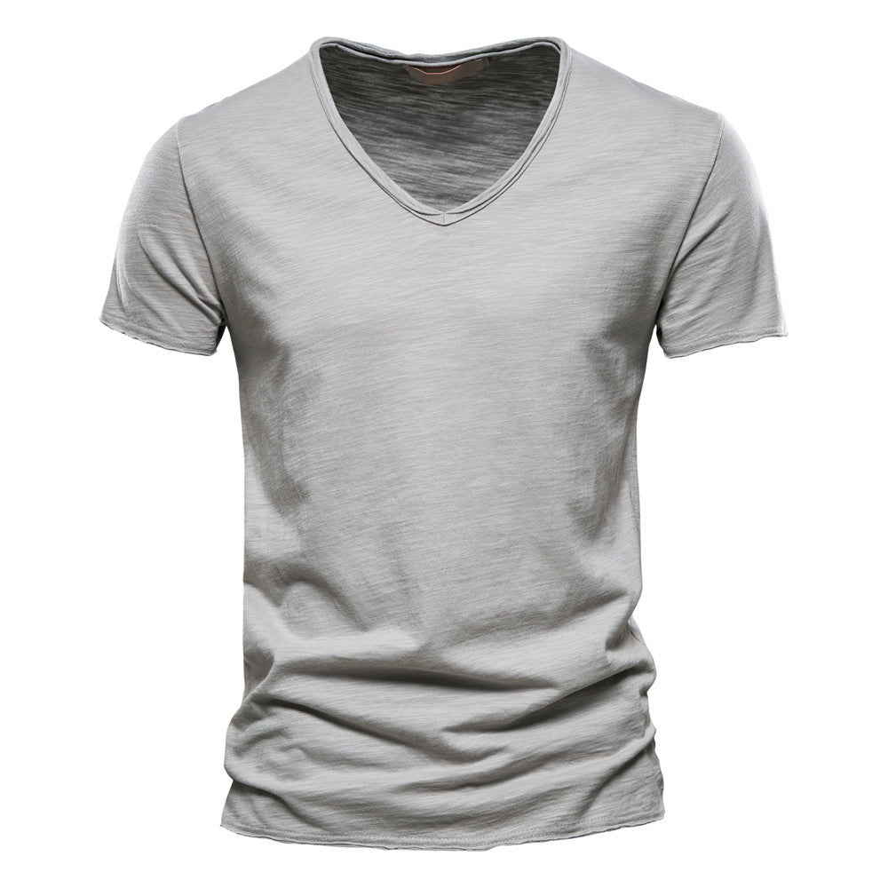 Mens Solid Color V-Neck Cotton T-Shirt