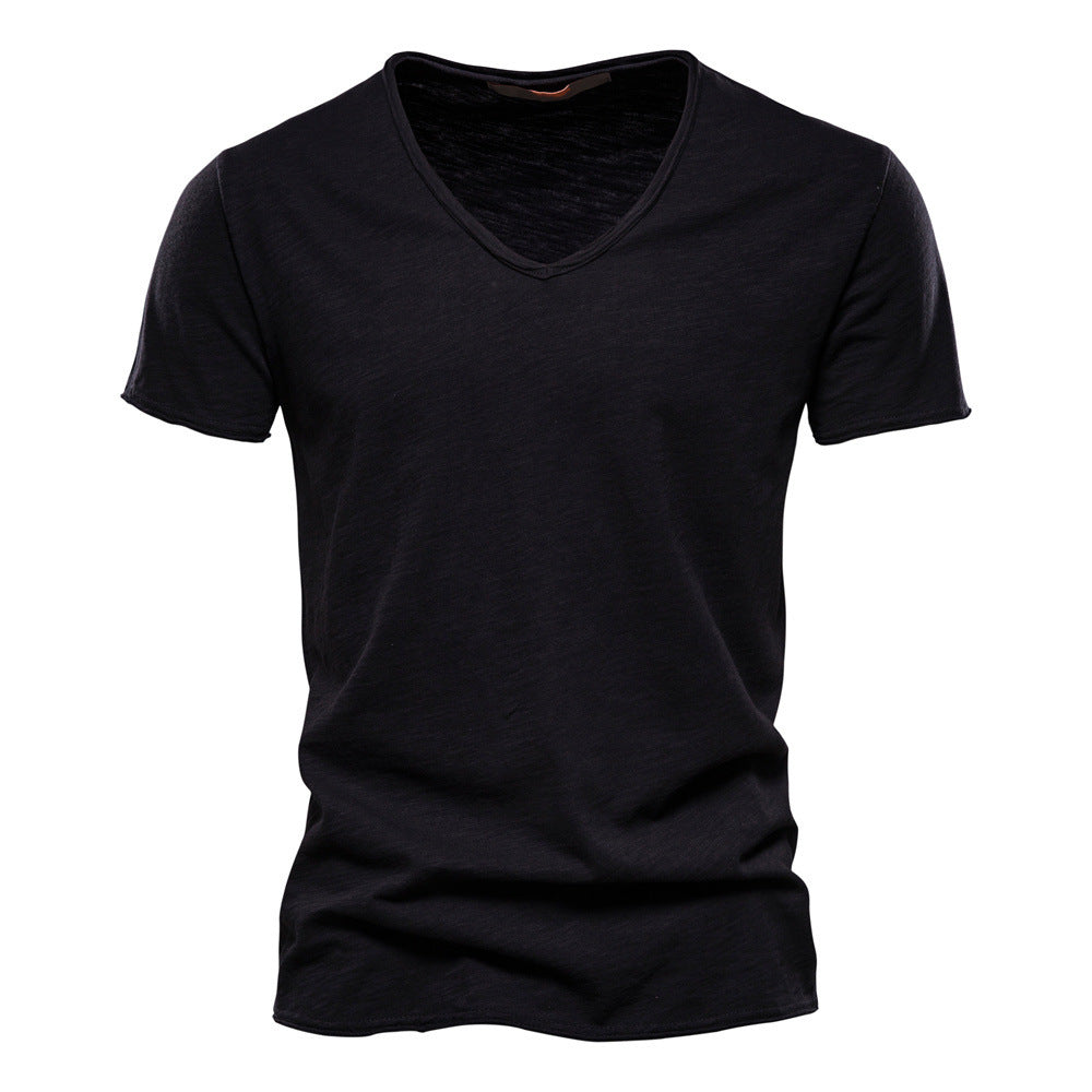 Mens Solid Color V-Neck Cotton T-Shirt