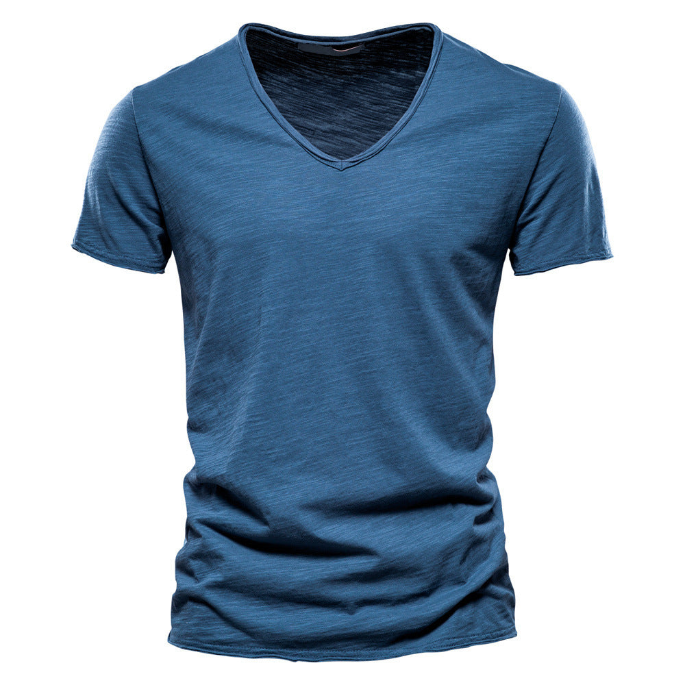 Mens Solid Color V-Neck Cotton T-Shirt