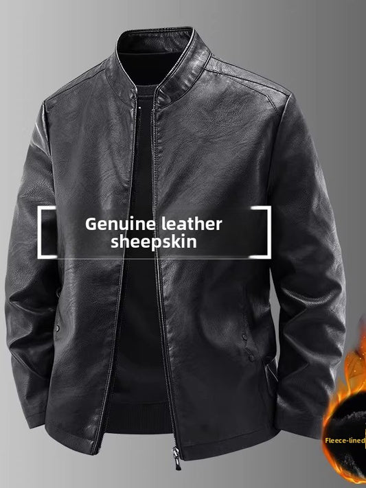Mens Stand Collar Leather Jacket Fleece Lined