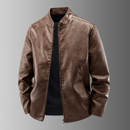 Mens Stand Collar Leather Jacket Fleece Lined