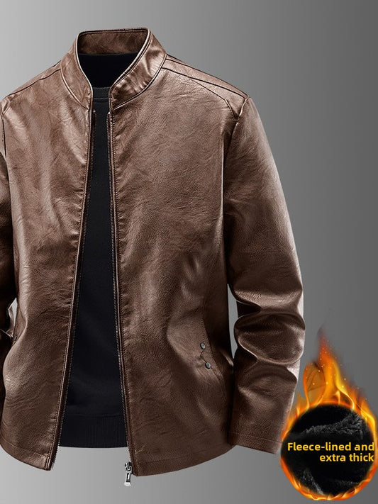 Mens Stand Collar Leather Jacket Fleece Lined