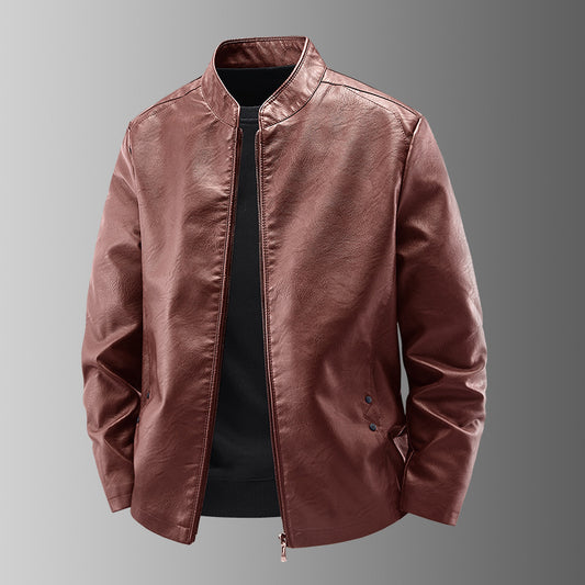 Mens Stand Collar Leather Jacket Fleece Lined