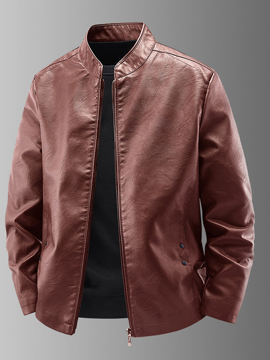 Mens Stand Collar Leather Jacket Fleece Lined