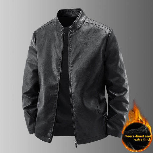 Mens Stand Collar Leather Jacket Fleece Lined