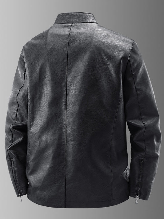 Mens Stand Collar Leather Jacket Fleece Lined