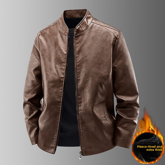 Mens Stand Collar Leather Jacket Fleece Lined