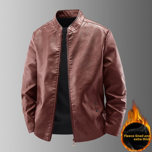 Mens Stand Collar Leather Jacket Fleece Lined