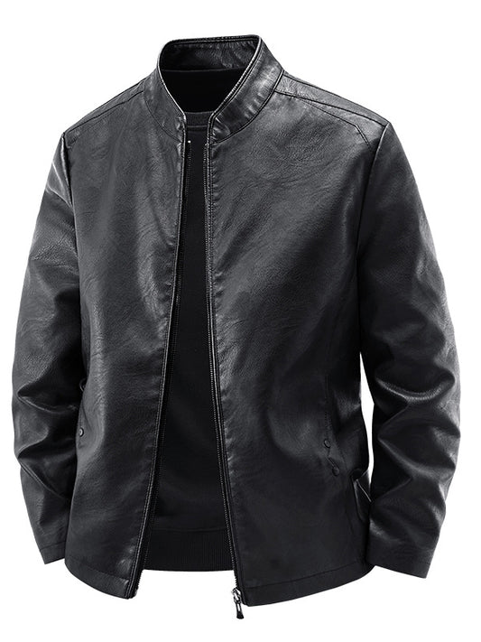 Mens Stand Collar Leather Jacket Fleece Lined