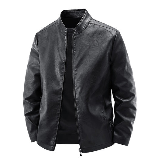 Mens Stand Collar Leather Jacket Fleece Lined