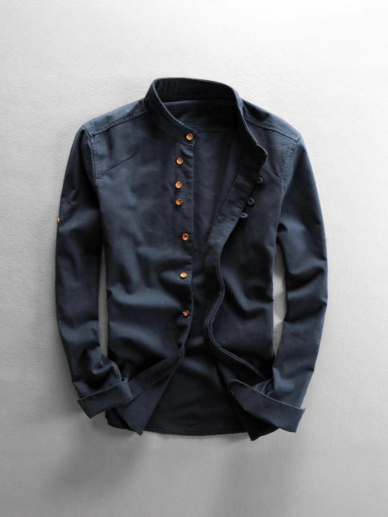 Mens Stand Collar Linen Casual Shirt