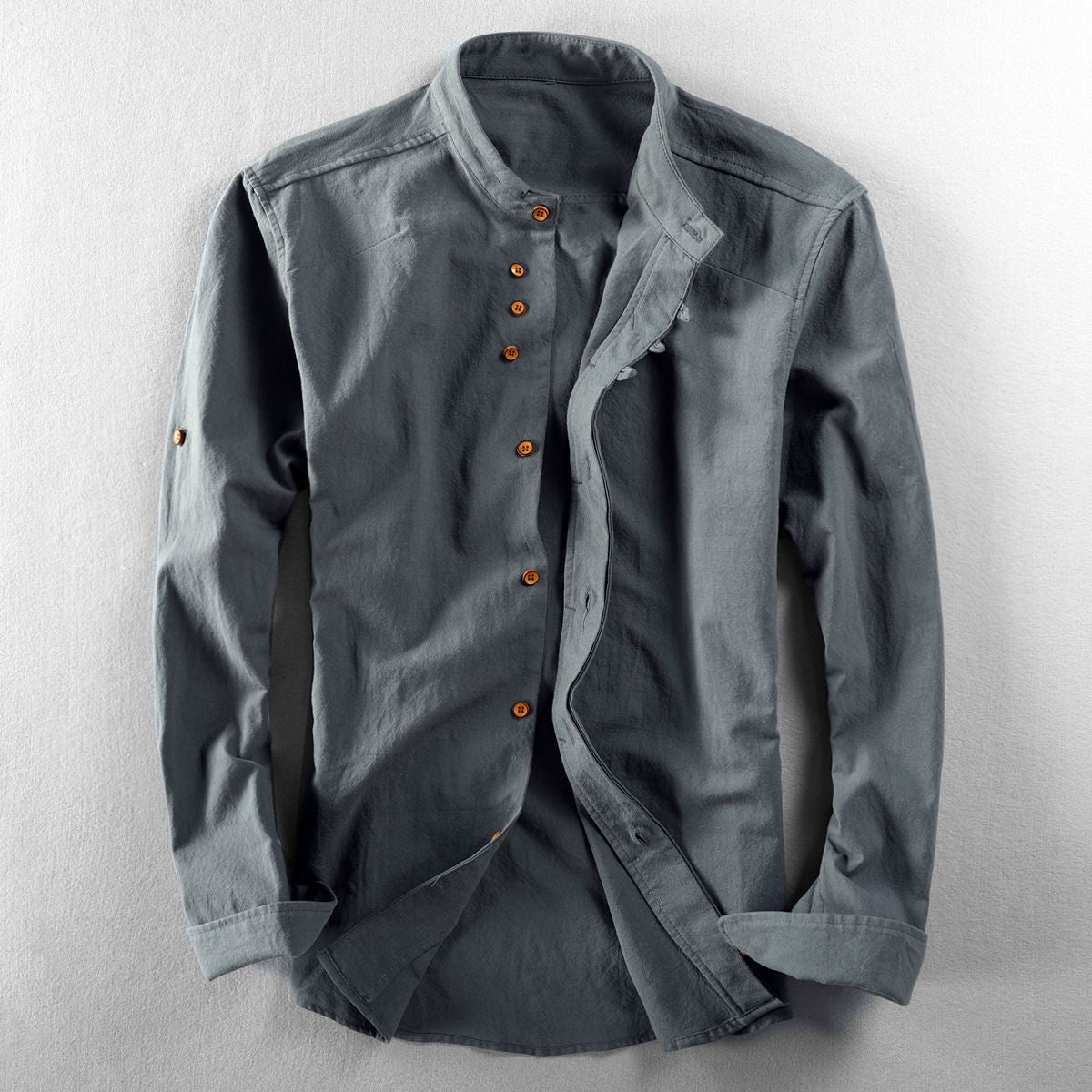 Mens Stand Collar Linen Casual Shirt
