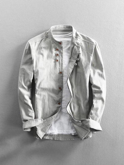 Mens Stand Collar Linen Casual Shirt