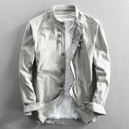 Mens Stand Collar Linen Casual Shirt