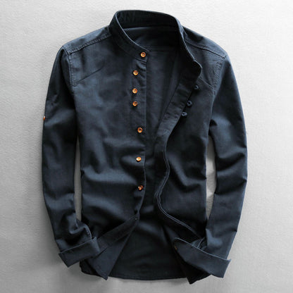 Mens Stand Collar Linen Casual Shirt