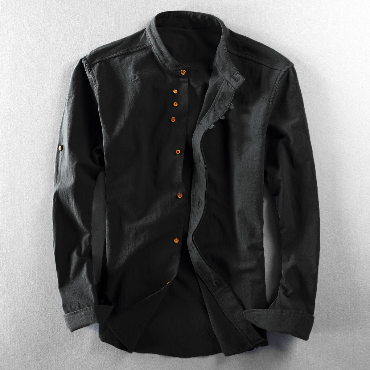 Mens Stand Collar Linen Casual Shirt