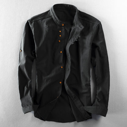 Mens Stand Collar Linen Casual Shirt