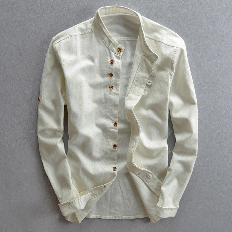 Mens Stand Collar Linen Casual Shirt