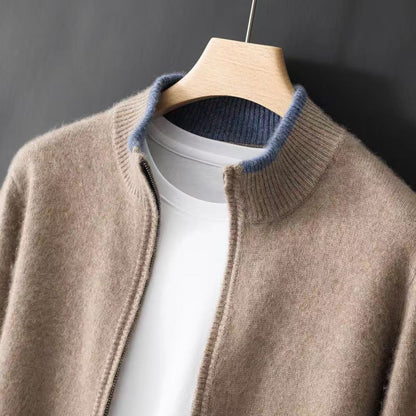 Mens Stand Collar Zipper Color Block Knit Sweater