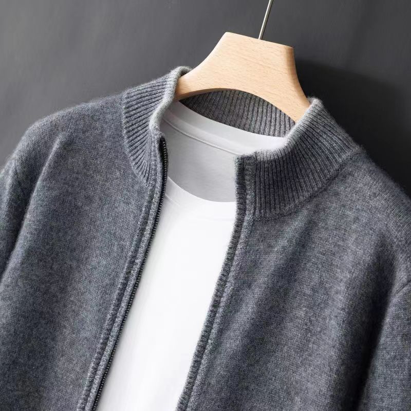 Mens Stand Collar Zipper Color Block Knit Sweater