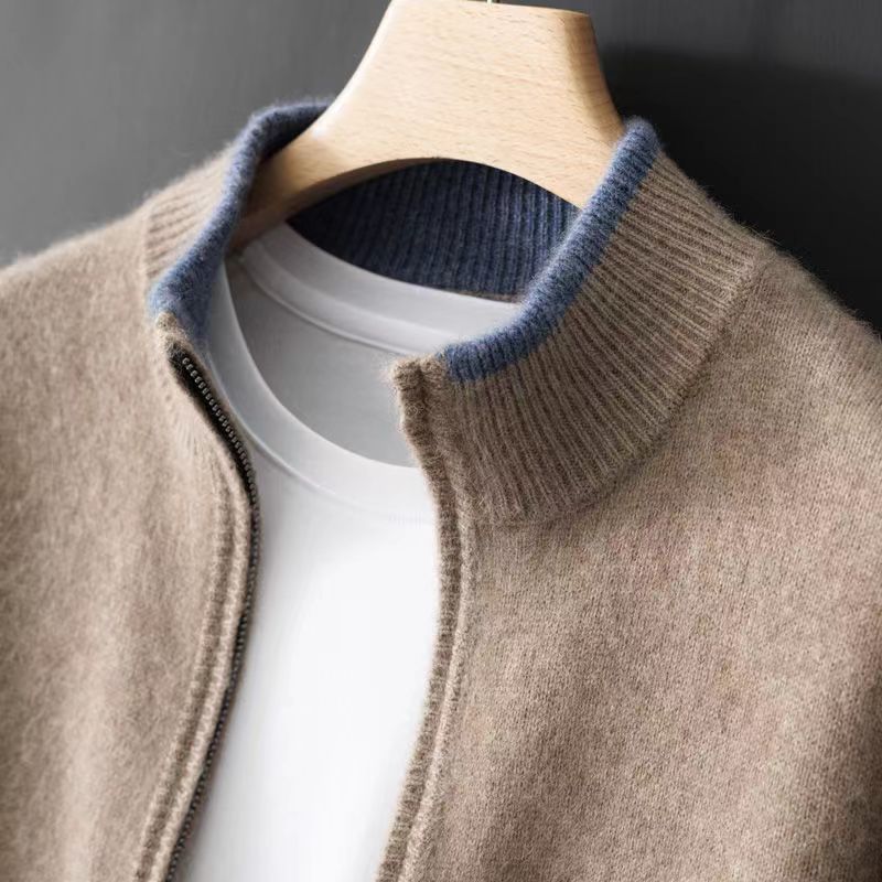 Mens Stand Collar Zipper Color Block Knit Sweater