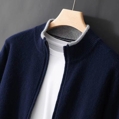 Mens Stand Collar Zipper Color Block Knit Sweater