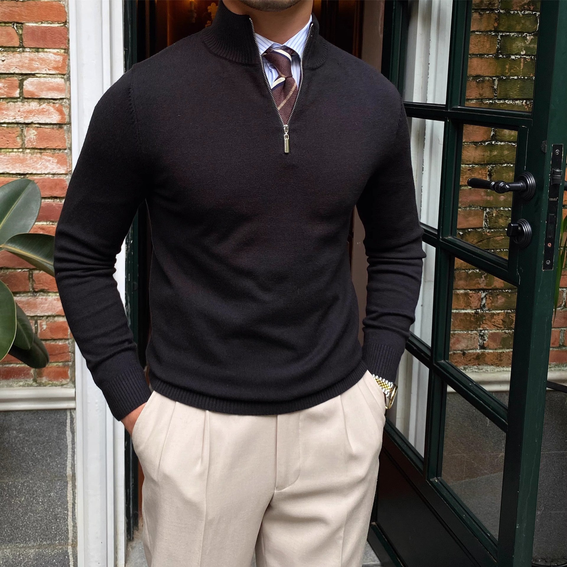 Mens Stand Collar Zipper Knit Sweater
