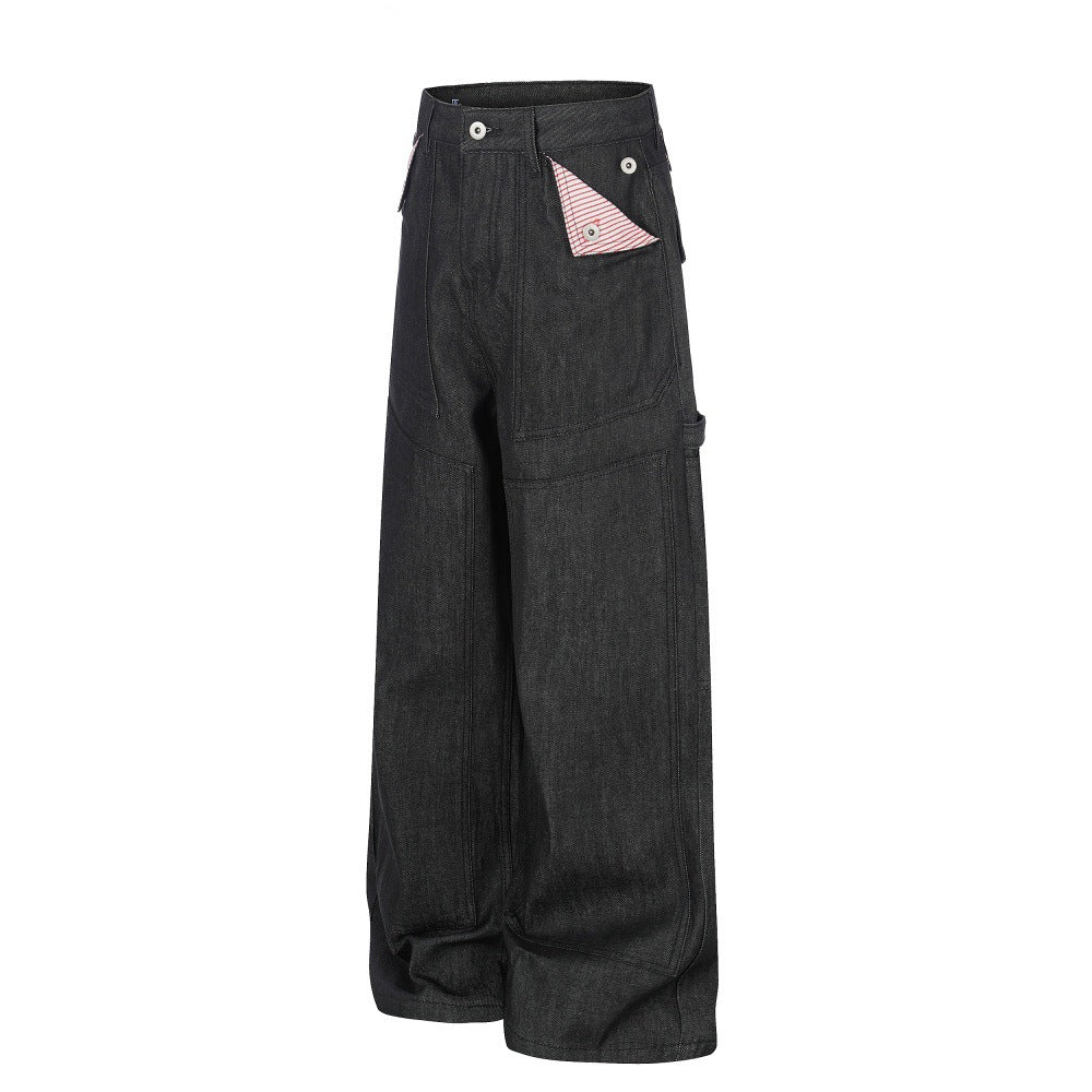 Mens Straight Leg Denim Pants with Multi-Pockets