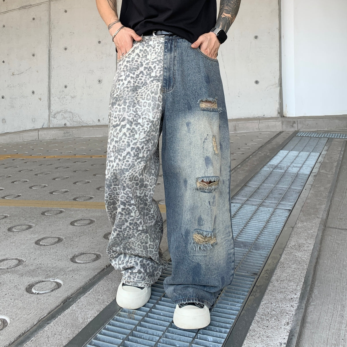 Mens Stretch Denim Pants with Ripped Details