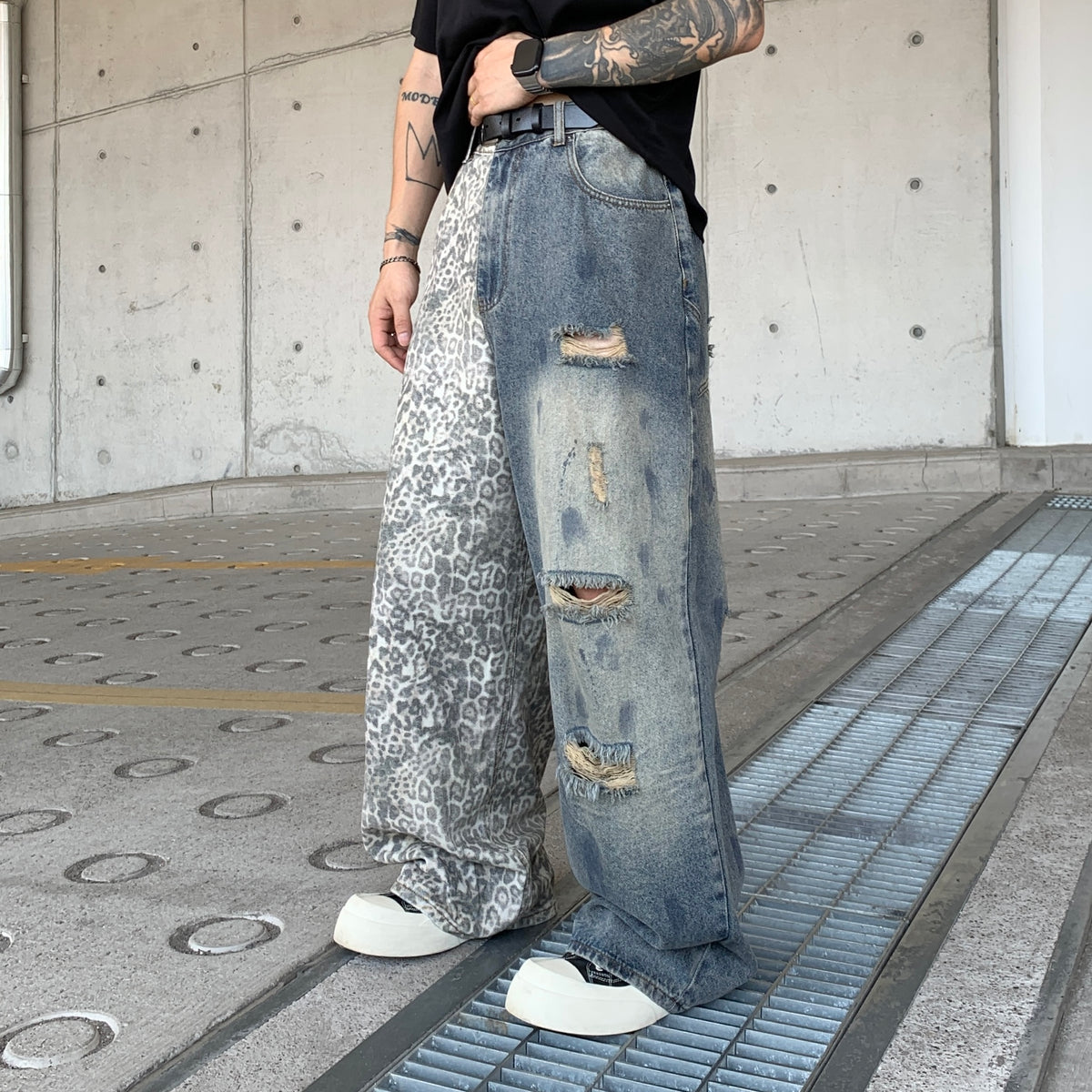 Mens Stretch Denim Pants with Ripped Details