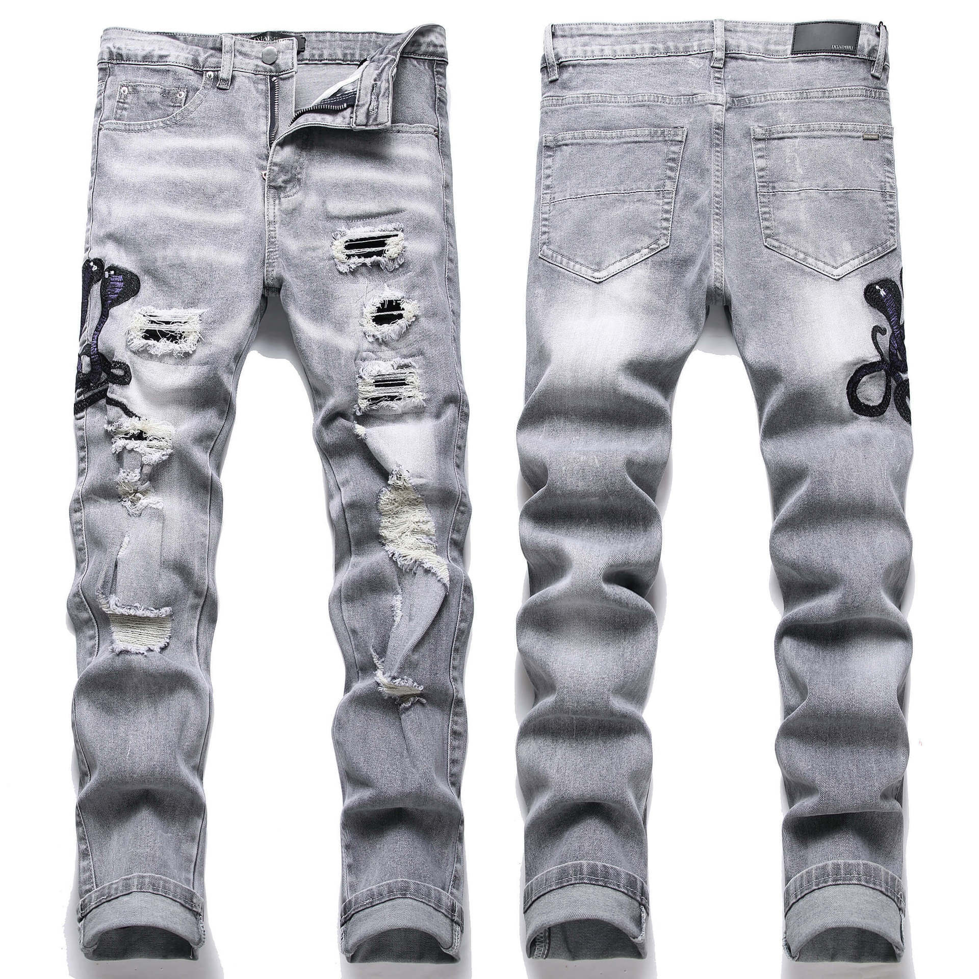 Mens Stretch Ripped Embroidered Jeans