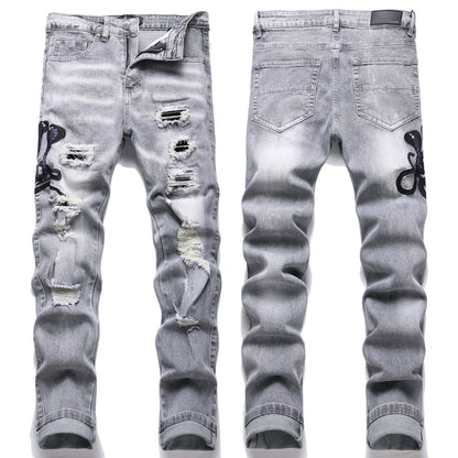 Mens Stretch Ripped Embroidered Jeans