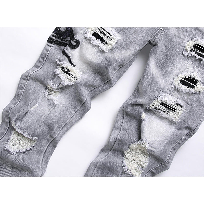 Mens Stretch Ripped Embroidered Jeans