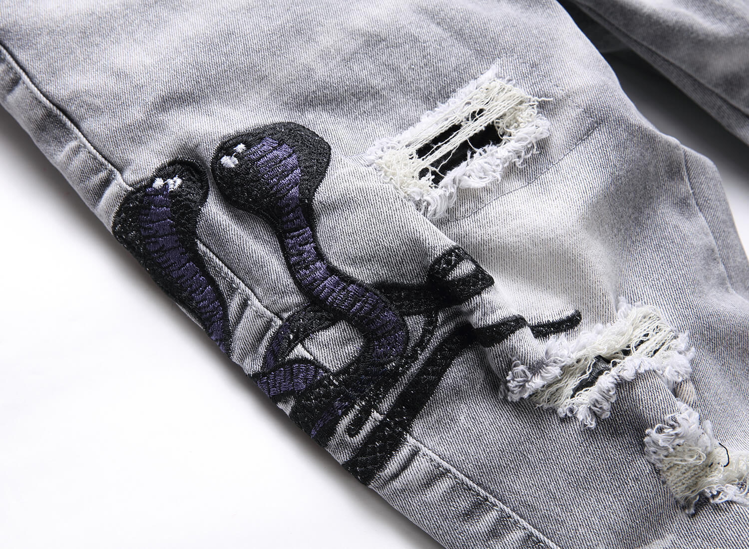 Mens Stretch Ripped Embroidered Jeans