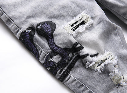 Mens Stretch Ripped Embroidered Jeans